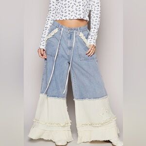 POL Light Blue and Cream Flare Jeans
